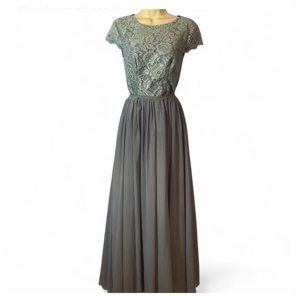 Women Elegant Lace Overlay dusty blue short sleeve chiffon skirt bottom size 4/6